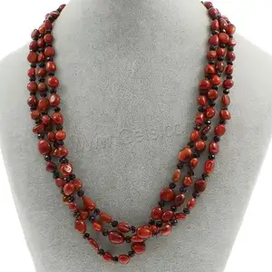 Natural 3-strand coral necklace jewelry with faceted crystal and brass spring ring clasp