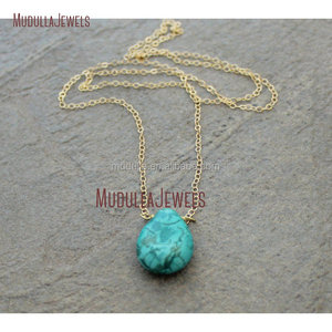 NM11593 Teardrop Pendant Necklace with Turquoise Briolette <strong>Charm</strong> <strong>Silver</strong> or Gold Plated Link Chain for Bridesmaids - Product Image 1
