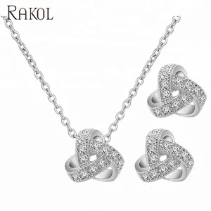 RAKOL SP276 Silver Color crystal CZ zircon Triangle Ribbon Stud Earrings Chain Necklace wedding bridal Jewelry Set