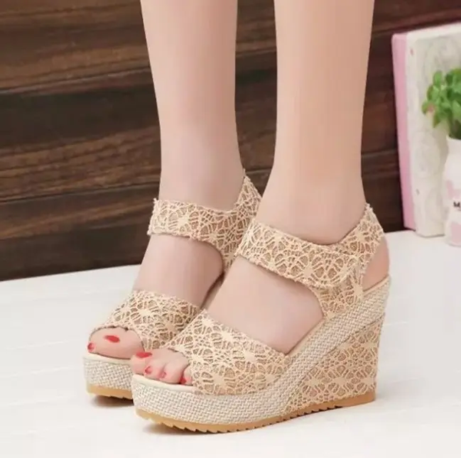 up-0741r Korean ladies high heel fancy shoes women peep toe wedge sandals