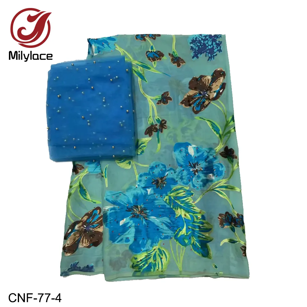 Wholesale digital print silk flower print beautiful silk fabric with 2 yards net lace