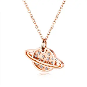 Hot Korean Style Women Pendant 18 k Rose Gold Stainless Steel Jewelry Crystal Planet Necklace