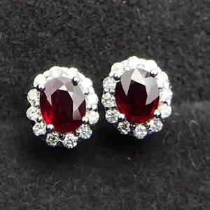 SGARIT luxury genuine gem stone jewelry 18k white gold manufacturer wholesale flower oval red natural ruby stud earrings