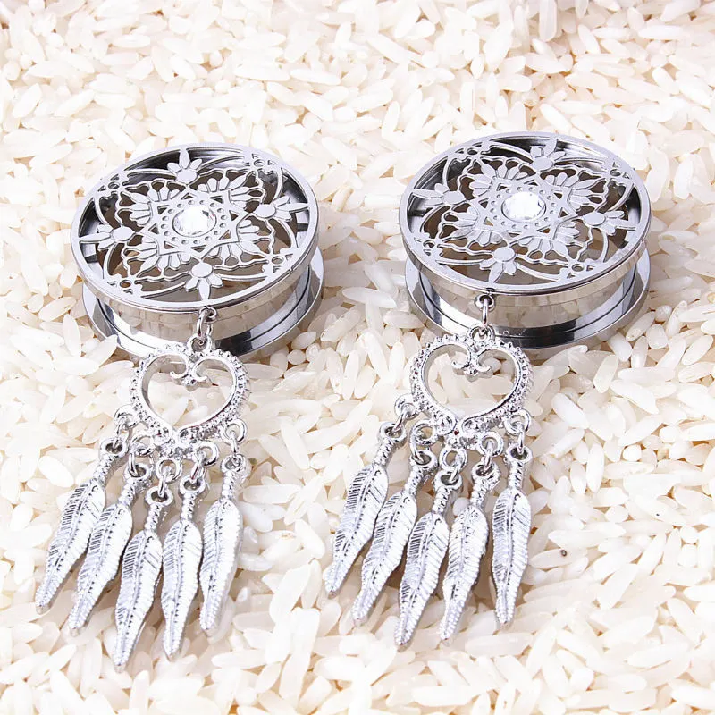 8-25Mm 316L Stainless Steel Dream Catcher Menjuntai Perhiasan Tindik Sekrup Ear Plug Gauge Terowongan Tubuh Telinga Menggunakan Mesin Expander Tandu