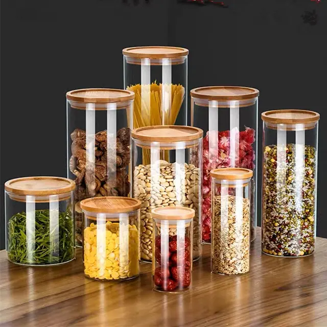 Высокое качество Штабелируемый стеклянный контейнер для хранения еды с герметичной бамбуковой крышкой экологически чистое хранение еды