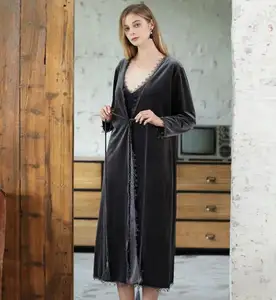 Venta al por mayor de terciopelo Velour largo Elegante ropa de dormir vellón suave Kimono señoras Sexy negro encaje Bata