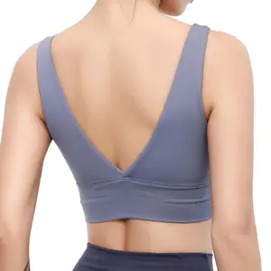 OEM athletic apparel manufacturer Polyamide Elastane Solid Soft Padded gym Wear Sexy Deep V back Ladies Fitness Sports Bra Top