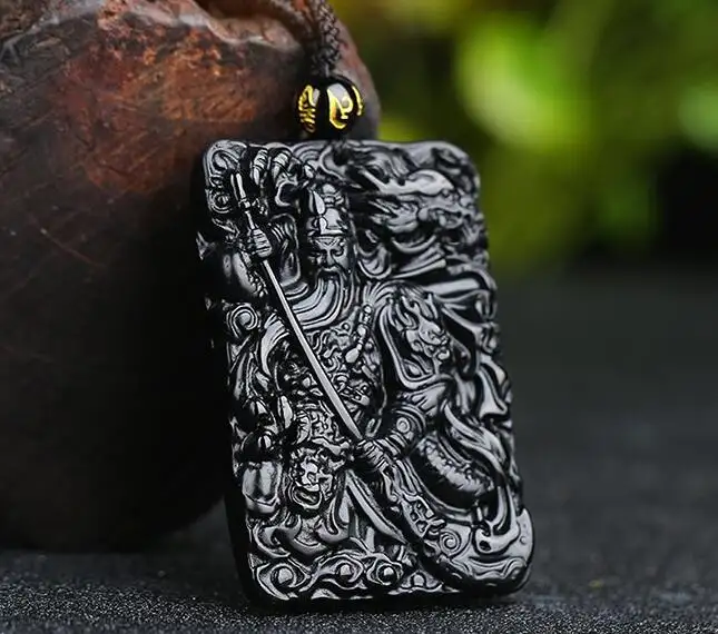 Natural Stone Pendant Necklace Lord Guan Yu Black Obsidian Shifting Lucky And Bravery Amulet Jewelry Protective Talisman
