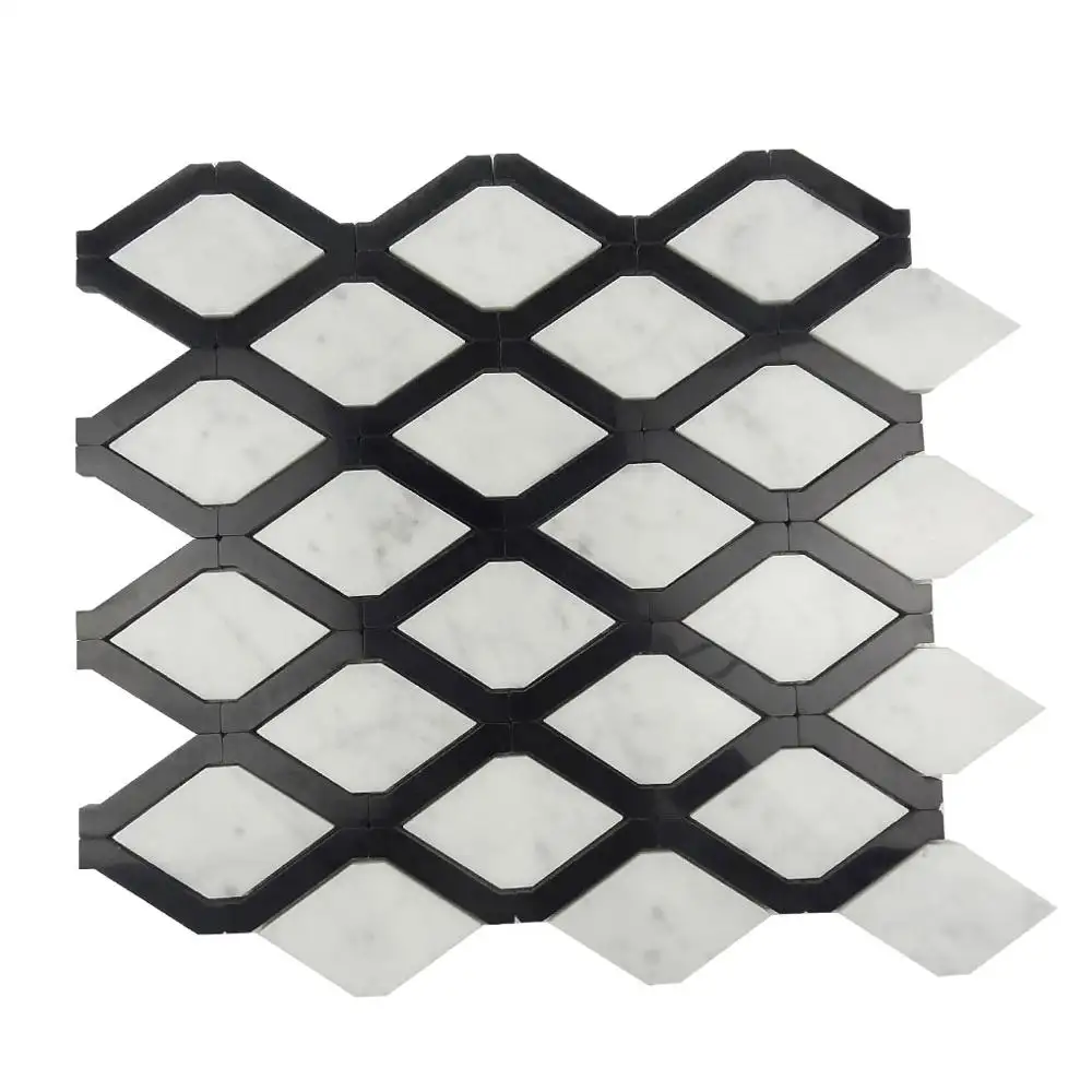 Mosaik ubin lantai marmer carrara putih belah ketupat dengan perbatasan hitam