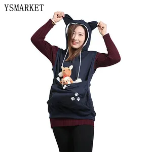 YSMARKET Pet Pouch Holder Sleeveless Sweatshirt Mewgaroo Nyangaroo Dog Cat Lovers Ears Hoodies Cuddle Pocket Pullover E2668Z