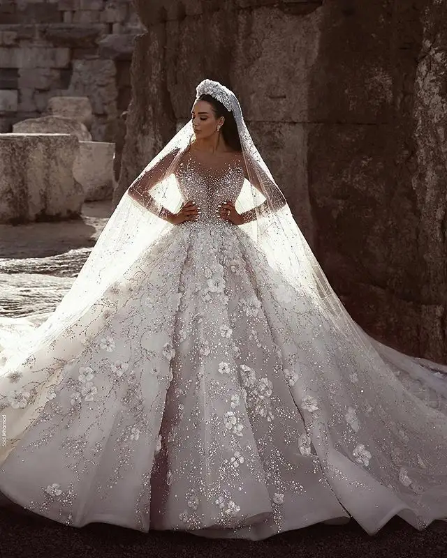 Luxury Dubai Arabic Wedding Dresses Brand Long Sleeve Bridal Gowns Muslim Wedding Dresses Lace Heavy Beading Bridal Dresses