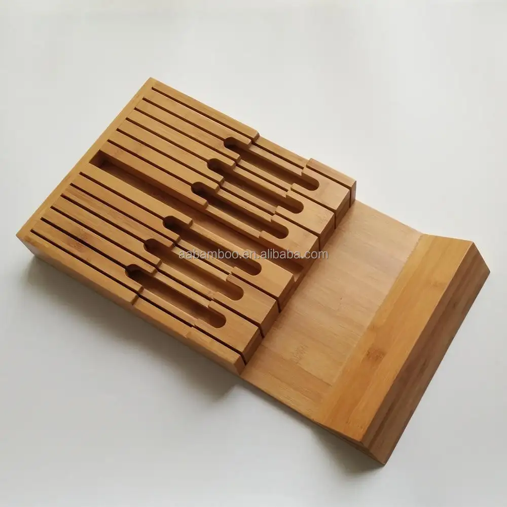 High Quality In Drawer Bamboo Wooden Knife Block Holds 12 Knives Storage Organizer