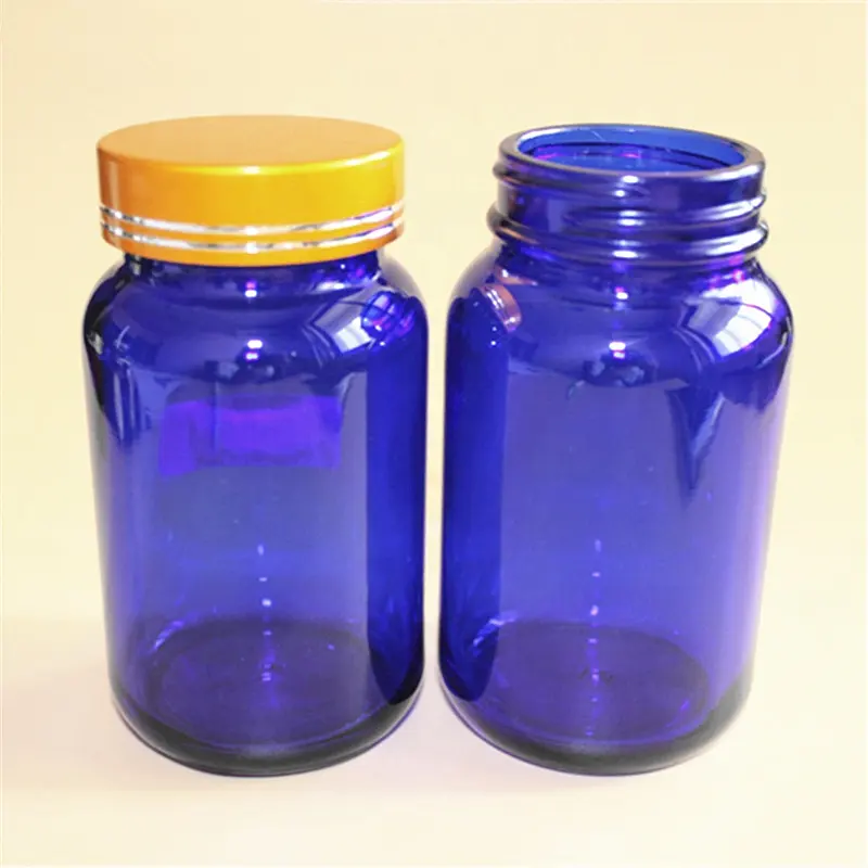 Empty Glass Pill Bottle Cobalt Blue Container Medicine Drug Vitamin Capsule Supplements Cream Cosmetic