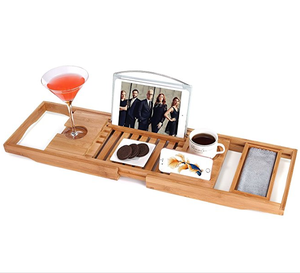 Bathtub Caddy Tray with Sliding Towel Holder, <strong>Bath</strong> <strong>Table</strong> with Book Holder, Phone Stand and Adjustable Book Reading Rack - Product Image 1