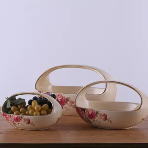 Cream and gold color bowl with handle ceramic fruit bowl porcelain flower basket with flower decal