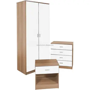 White High Gloss Front &amp; Walnut Frame <strong>3</strong> <strong>Pieces</strong> Bedroom <strong>Wardrobe</strong> <strong>Set</strong> - Product Image 1