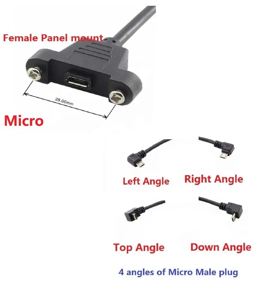 90 degree Angle usb extension cable Micro Female Panel mount to angle micro