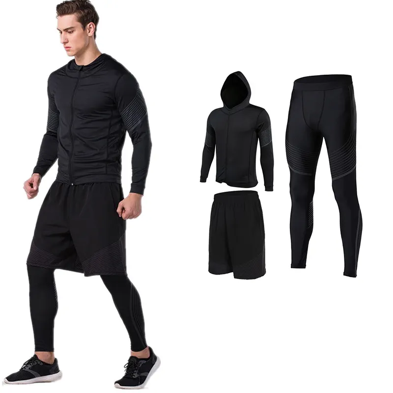 OEM Jogging Suit Men's Compression Leggings, Short Pants, Hoodies Fitness Set Three Pieces Gym Suits