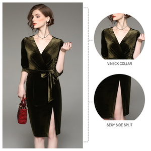 Venta al por mayor de moda de <span class=keywords><strong>terciopelo</strong></span> de cuello en V de media manga fiesta sexy noble vestido de las mujeres - Product Image 1