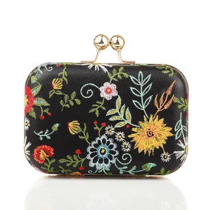 Outstanding quality colorful embroidered flowers black designer clutch bags
