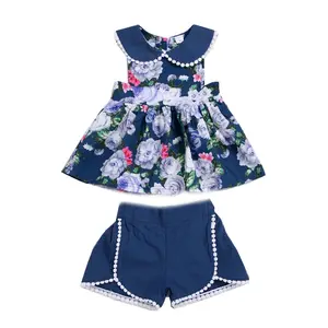 夏季精品服装套装为女孩热卖儿童服装婴儿颤振袖连衣裙 + 短裤 Roupas Infantil De Meninas 1-5 年