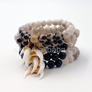 WT-B270 Genuino Crescent Shell Fascino <span class=keywords><strong>Corno</strong></span> Naturale Grigio Agata Borda il Braccialetto, Filo Avvolto Shell Braccialetto di Perline - Product Image 1