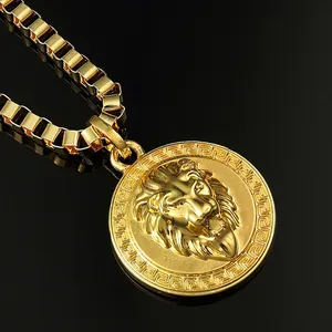 Mens High Polished Silver Gold Round Lion Head Medallion Pendant Necklace