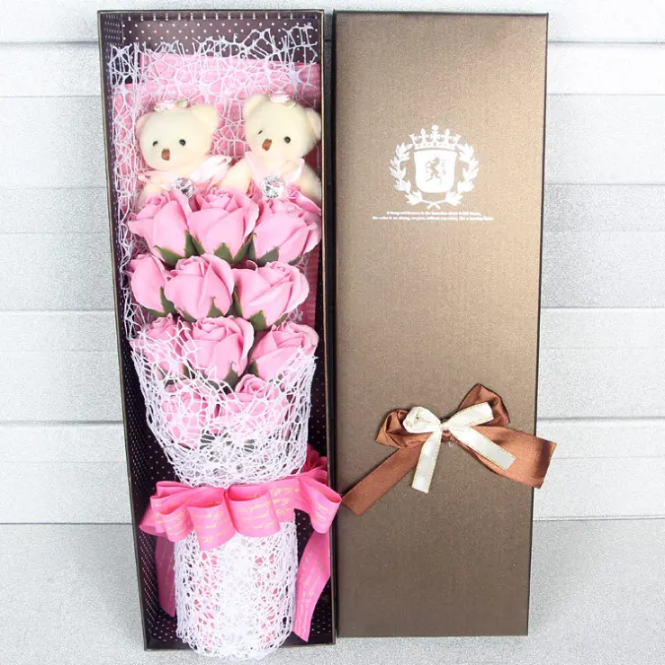 Букет из Розового мыла и цветов, 11 шт., с 2 медведем, подарки на день Святого Валентина, годовщину рождения, красный, синий, фиолетовый, розовый