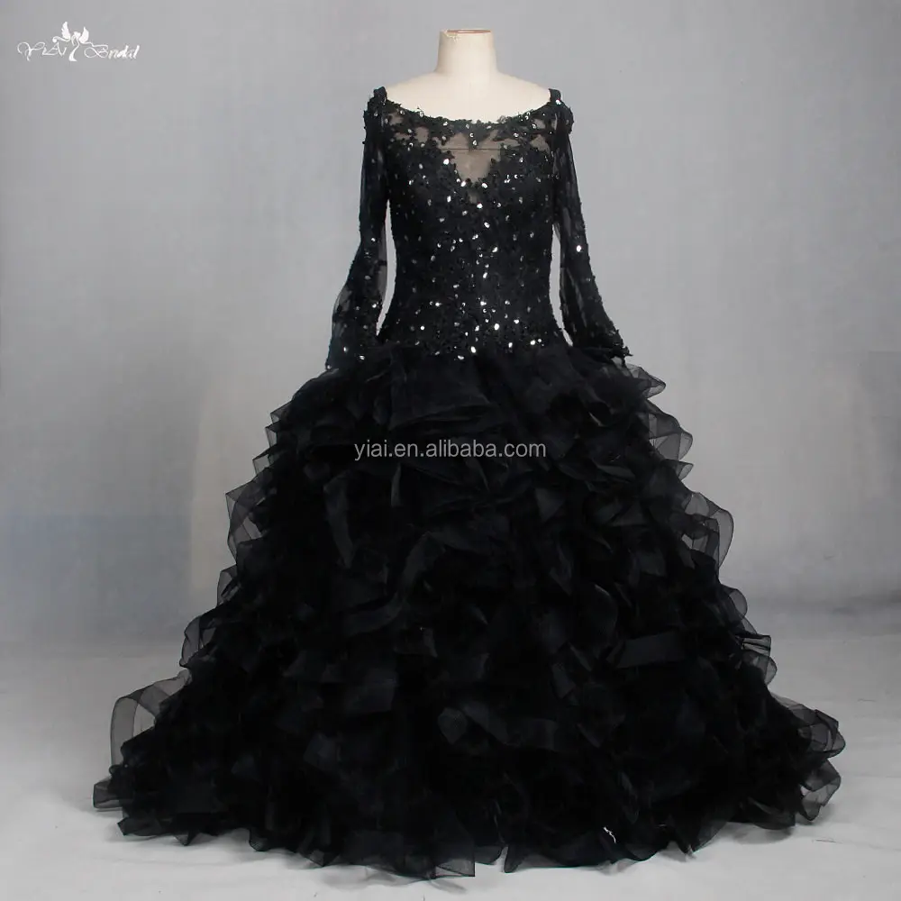 LZF004 Gaun Malam Lembut, Gaun Organza Hitam Glamor Payet Glitter Lengan Panjang