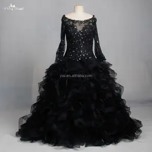 LZF004-vestido de Organza negro glamurosa, vestido de noche esponjoso de manga larga con lentejuelas brillantes