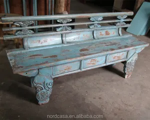 Chinese Antique Style Reclaimed Wood Blue Color Hand Carved Long Bench