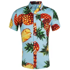 Camisas de praia de algodão azul impressas, venda por atacado, frutas, verão vintage, camisas com impressão para homens
