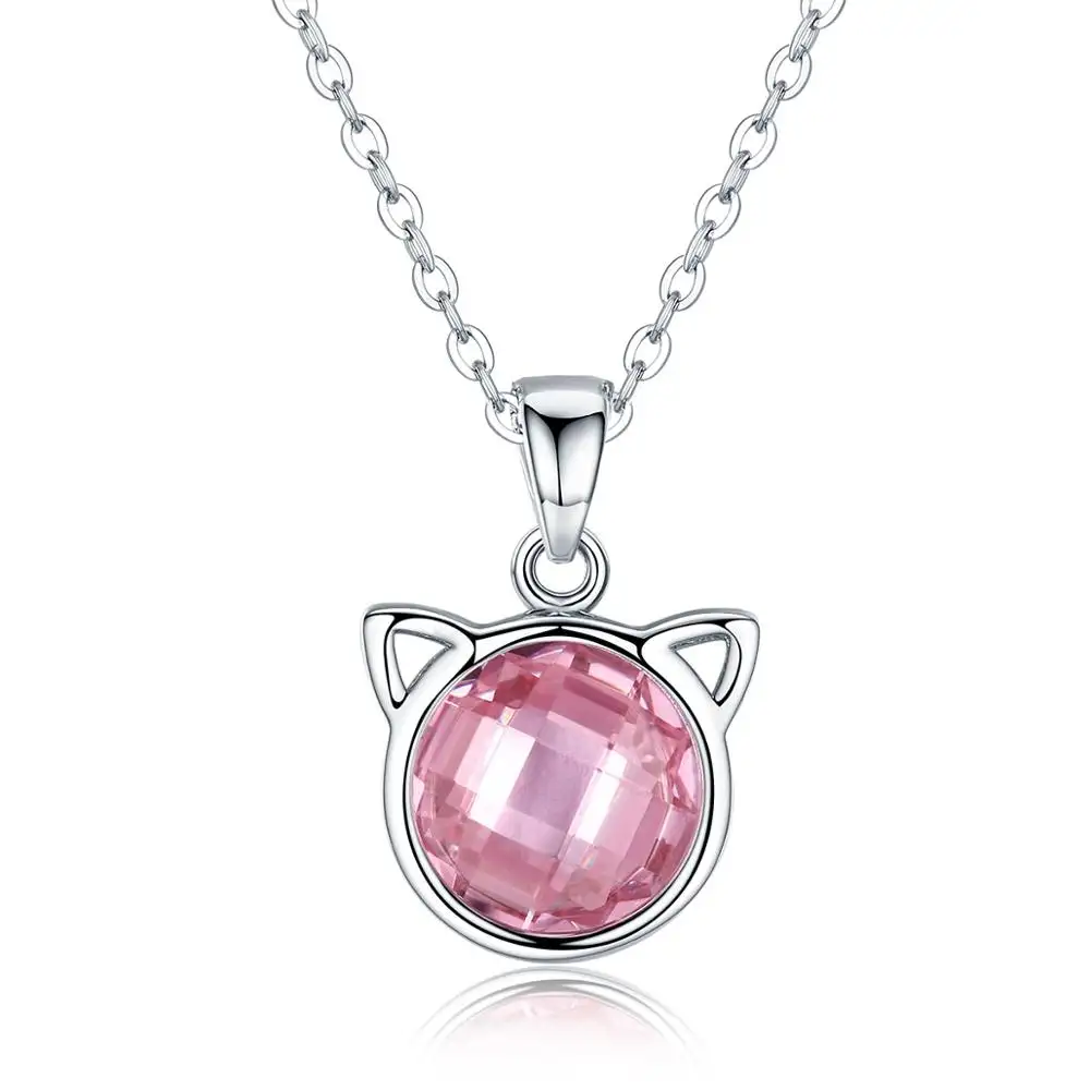 BAGREER SCN083 Silver Pink Cat Necklace Delicate Jewelry Sweet Gift For Gril Crystal Animal Pendants