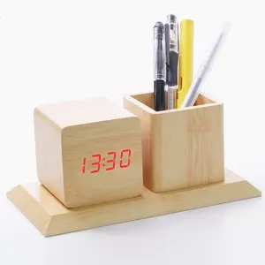 KH-WC009 12/24 horas de oficina escritorio decorativa LED electrónicos lápiz cepillo olla reloj de madera