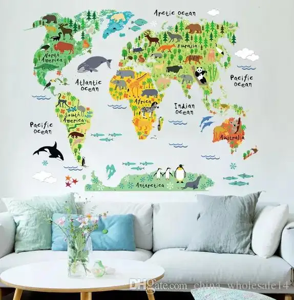 Cartoon Animals World Map Wall Stickers for Kids Room Decorations Safari Mural Art Zoo Children Home Decals Nursery Posters