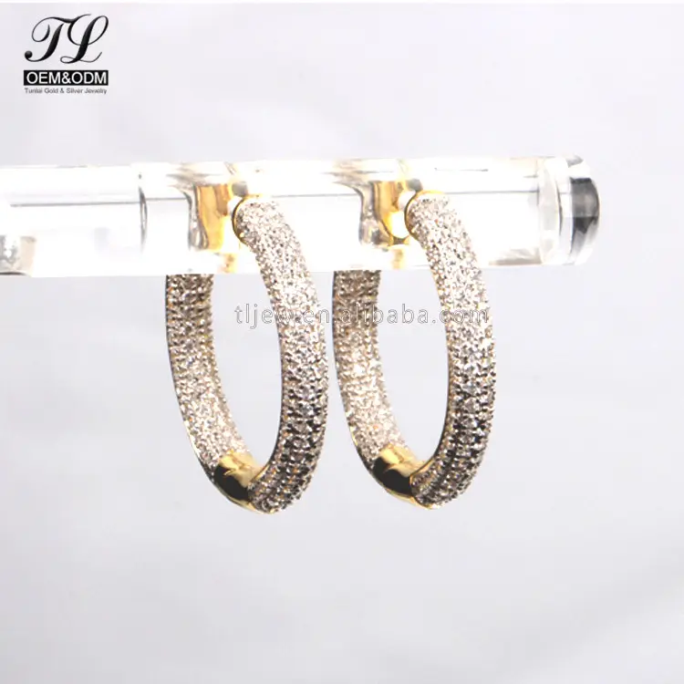 Custom Design Italian 925 Sterling Silver Hip Hop Cz Iced Out Hoop Earing Rhinestone Diamond Pave 18K Gold Circle Earrings
