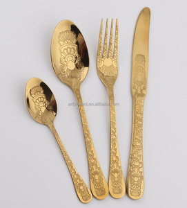 Cucharas de Acero Inoxidable con Grabado de Flores y Recubrimiento PVD Dorado, Juego de Cubiertos, Vajilla, Utensilios de Mesa - Product Image 2