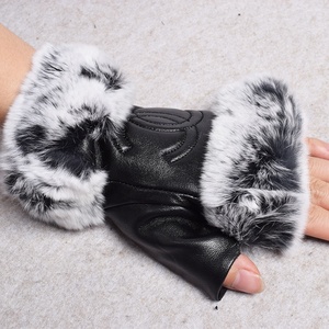 Mitaines en <span class=keywords><strong>cuir</strong></span> véritable de lapin, protection sans doigts, couleur noire, vraie fourrure de renard, mode hiver, offre spéciale - Product Image 3
