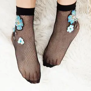 Fishnet Hand Made Sequin Flower Socks Crew Ankle Socks for Women