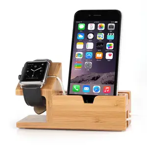 Wooden Bamboo Dock Station Cellphone Holder Wood Phones and Watches Mount Stand USB Charging Station Tablets Holder