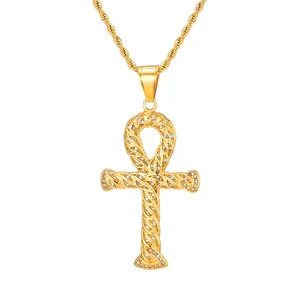 2019 Hot design Egyptian Ankh Key Necklaces Gold Microscope cz diamond Stainless Steel Cross Necklace Unisex design Men Jewelry