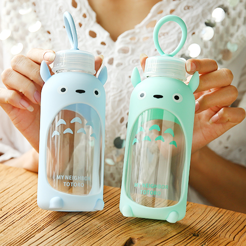 370ml Cute Totoro Cartoon Glass Cup,Travel Water Bottle With Silicone Sleeve.