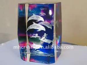 3D Verre Gravé Cube Dauphins & Sirènes, Presse-papiers MH-F0092