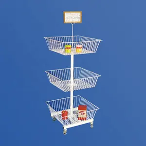 Supermarkt 3 Lagen Bulk Merchandise Goederen Promotie Mobiele Dump Cube Metalen Armatuur Vierkante Staaldraad Mand Display Rack