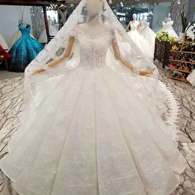 LSS050 ivory long tulle veil wedding gown o neck long sleeve floor length bride wedding dresses 2018 china factory wholesale