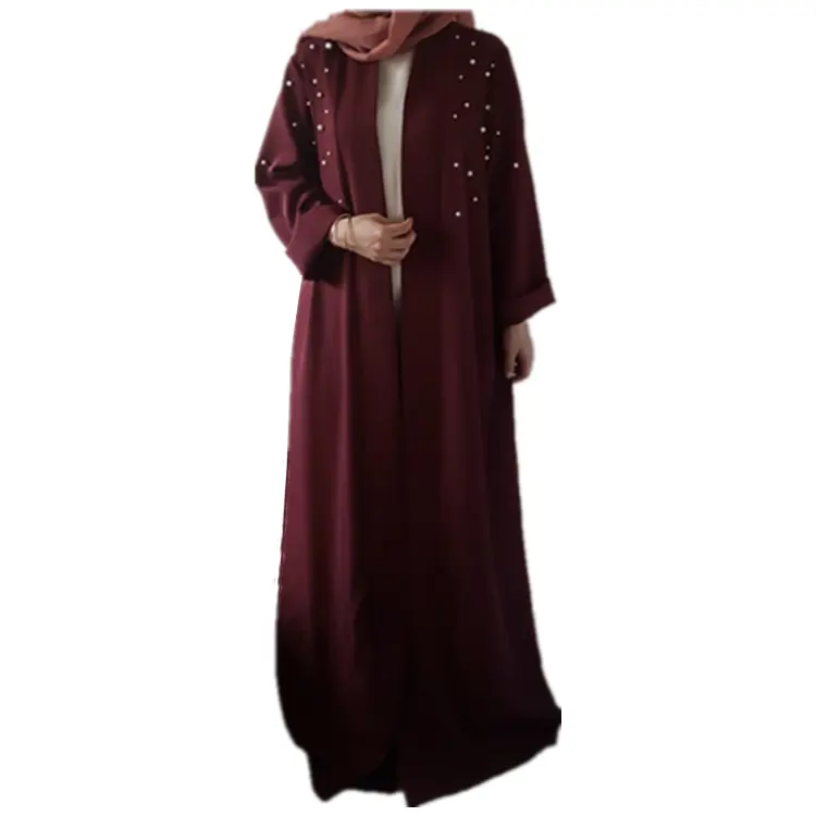 トレンディな控えめな服の女性カフタンアバヤイスラム教徒のカーディガンジルバブマキシドレスパールオープンアバヤ