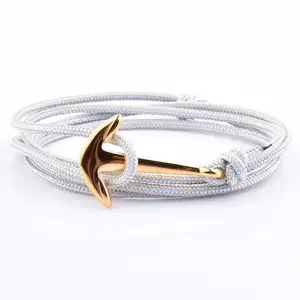 Custom Adjustable Men's White Cotton Rope Bracelet Stainless Steel Gold Anchor Bracelet For Men