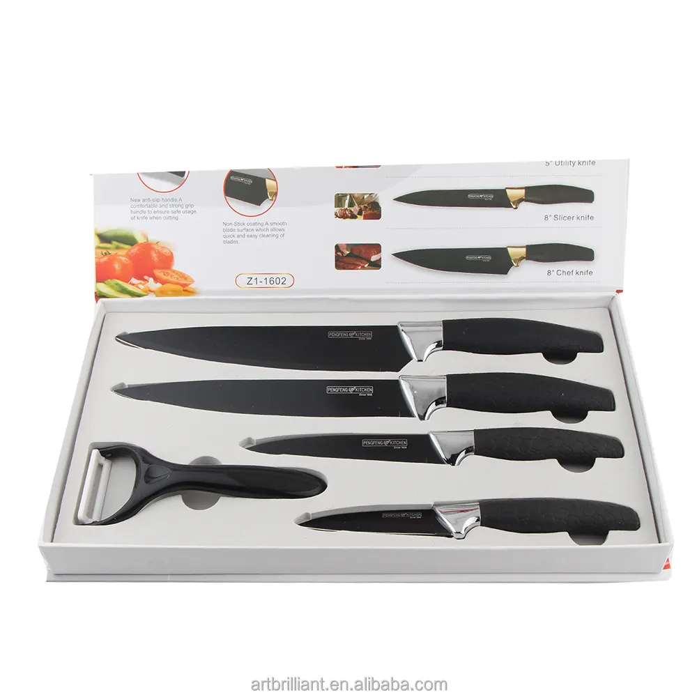 Stock EVA tray color box black non-stick coating Swiss line knife 5pcs kitchen knife set with ceramic peeler