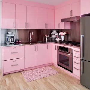中国工厂销售现代商业 mdf 厨柜设计粉红色光泽丙烯酸层压厨柜