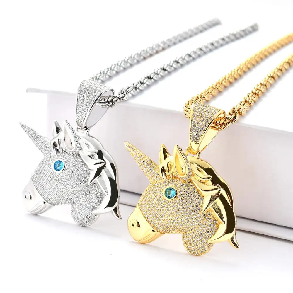 New Hiphop Gold Plated Iced Out Cz Stone Blue Agate Eyes Unicorn Pendant Necklace Jewelry For Men Women